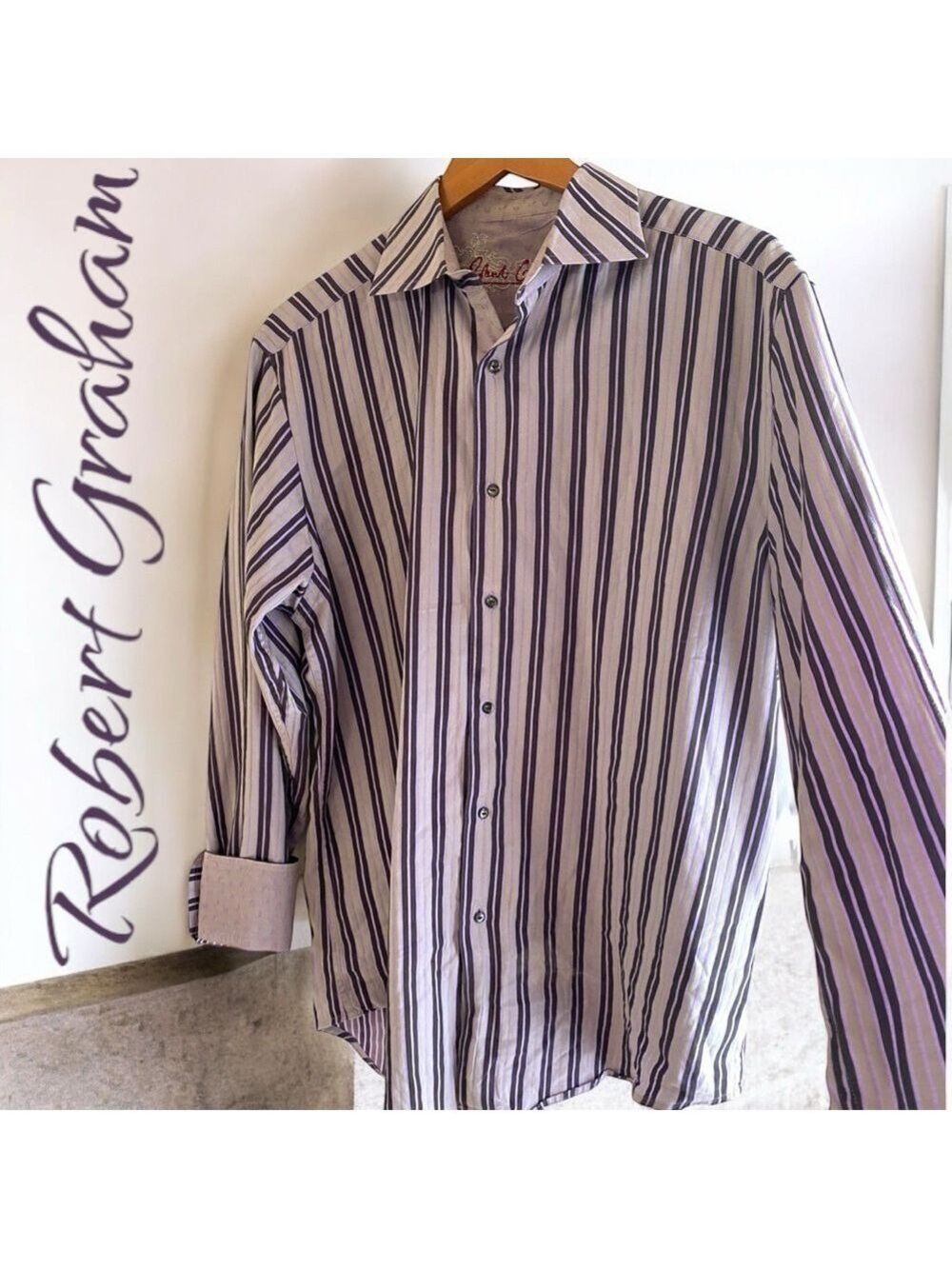 Robert Graham-Large button down. Gray/purple/ lime green. Flip cuff paisley. EUC